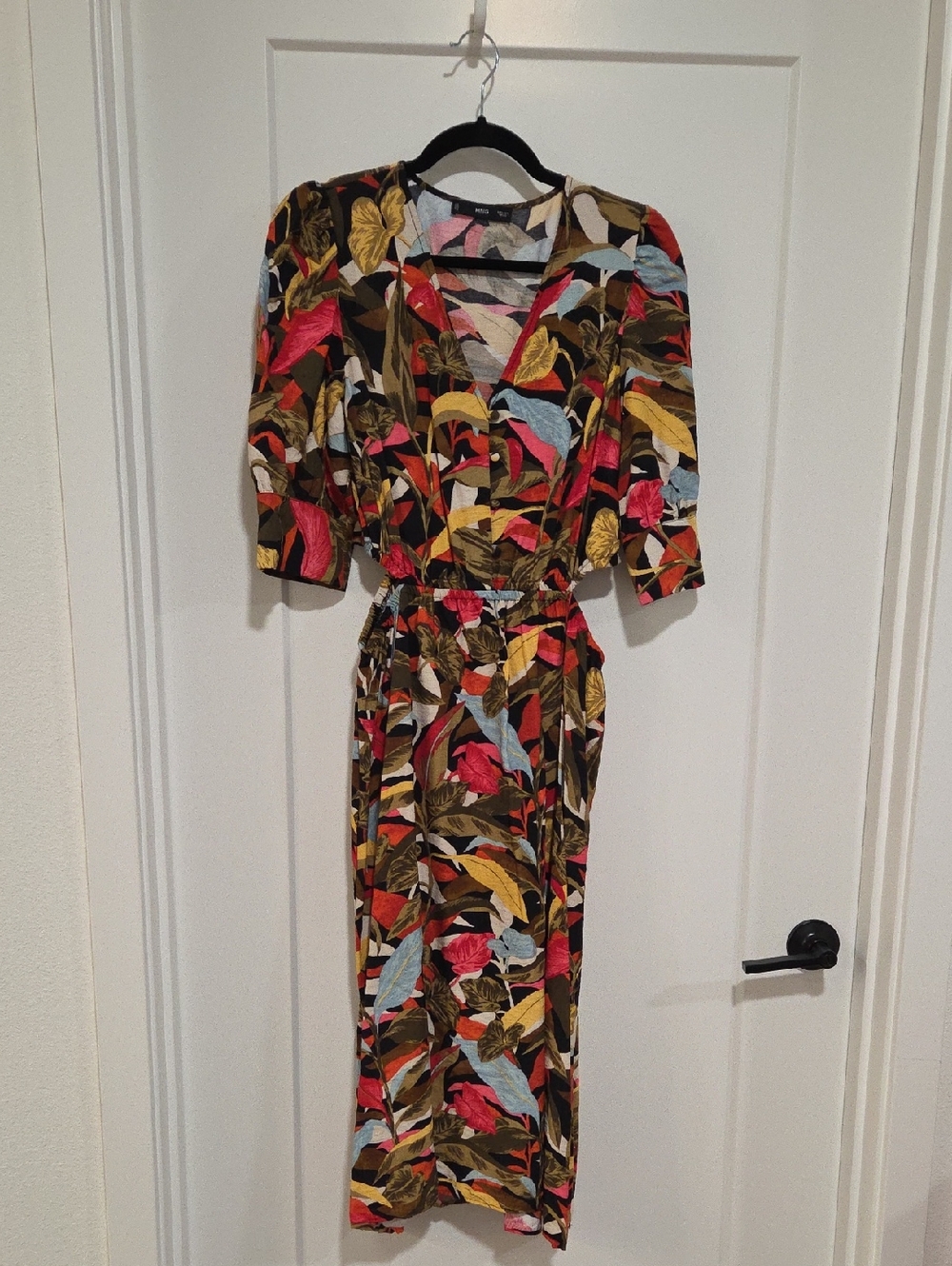 Floral Leaf Print V-Neck Midi Dress - Multicolor